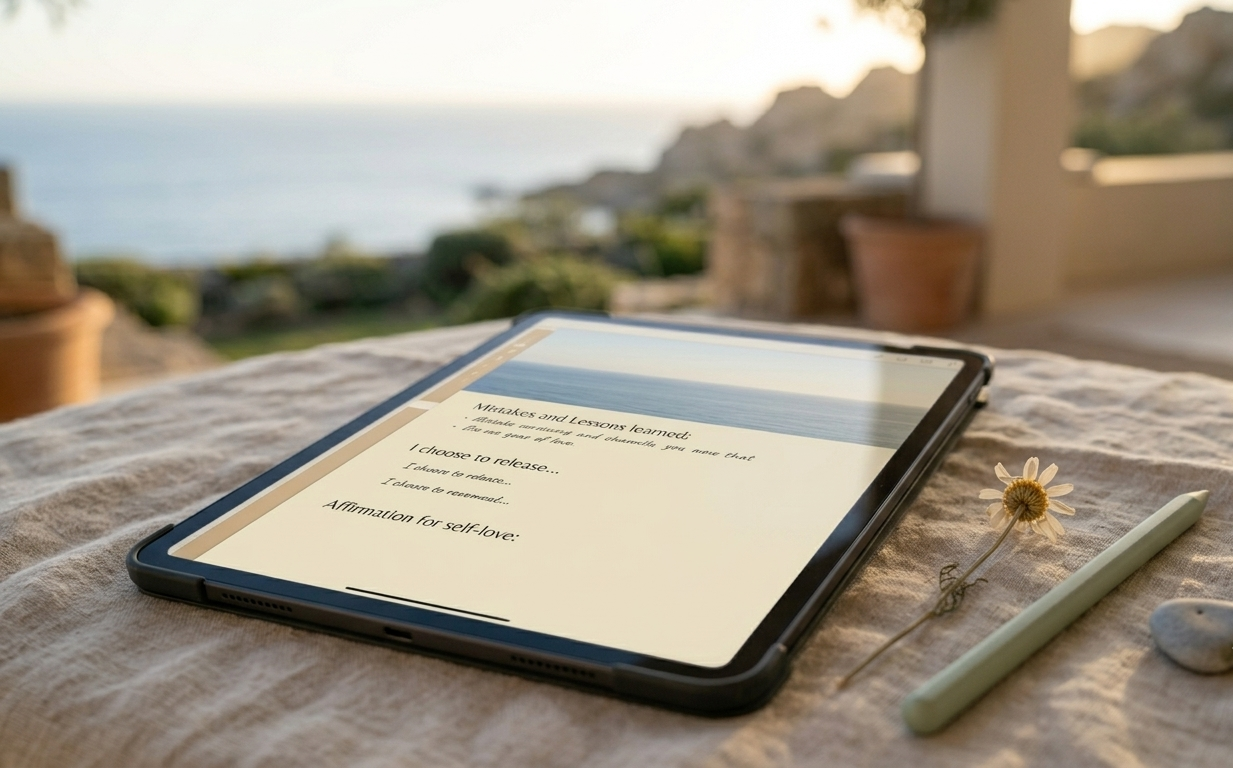 A close, soft-focus view of an open digital self-forgiveness journal on an iPad, the page showing gentle prompts and handwritten-style notes — a warm cream and sage aesthetic, a single dried flower resting beside the screen on a linen surface