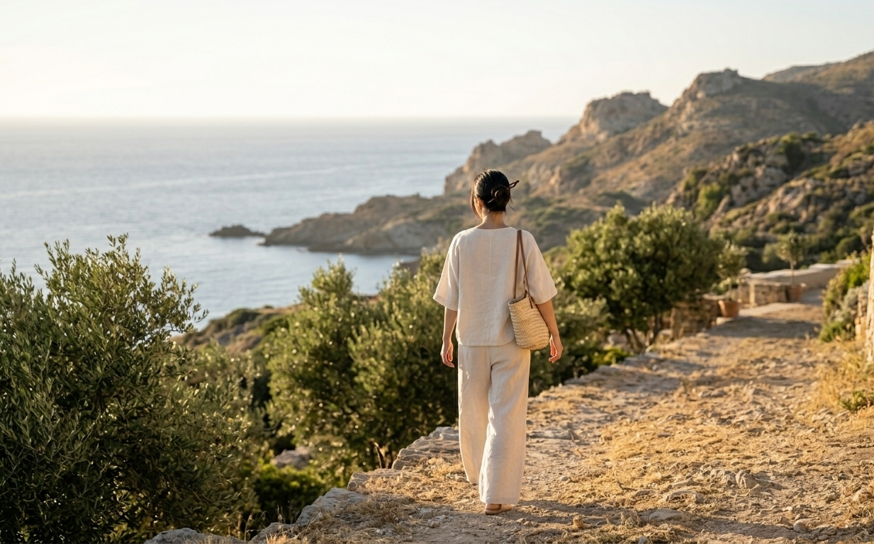 A woman walking alone along a golden coastal path at late afternoon, her posture open and unhurried, a small tote bag over her shoulder — the landscape wide and light-filled, radiating the quiet freedom of someone who has chosen to move forward