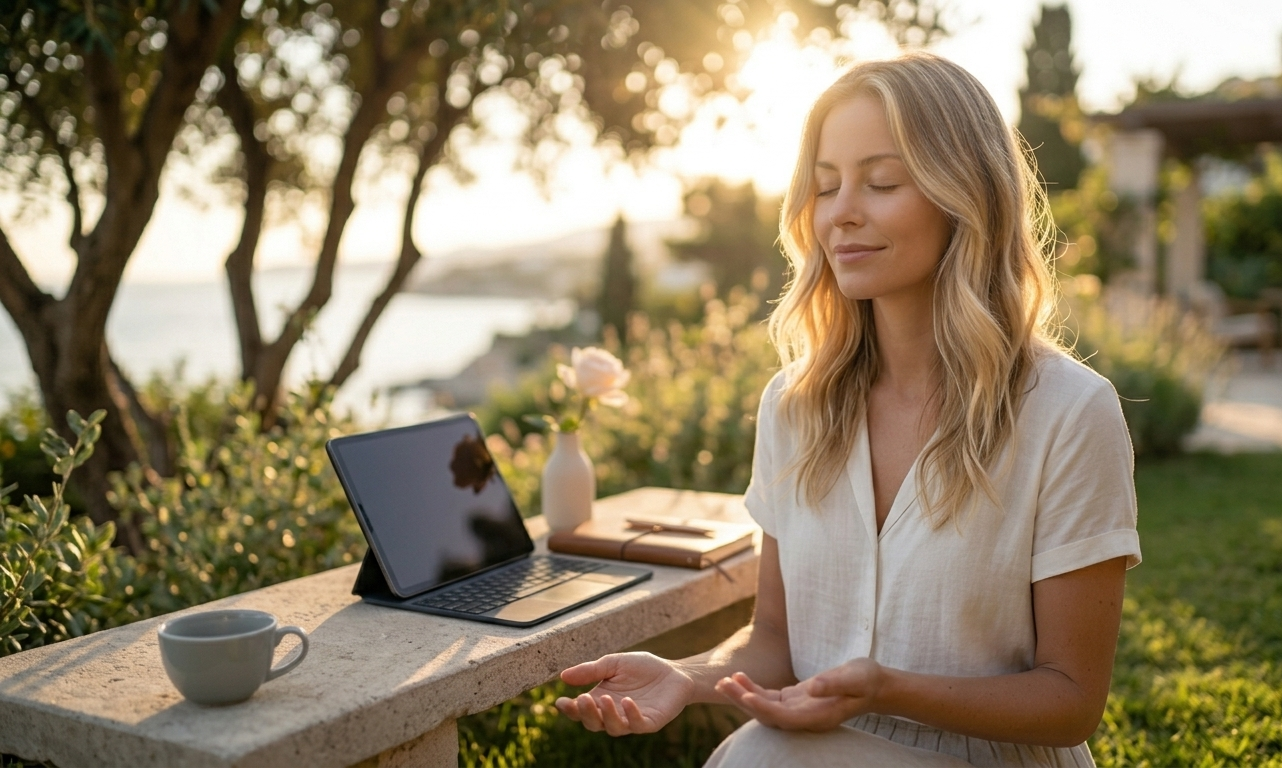 A woman standing in a sun-drenched garden at golden hour, her arms open slightly at her sides, eyes closed and face tilted upward — completely still and completely at peace. Beside her on a low stone bench rests an iPad open to a beautifully designed digital love journal, as if she has just written her intention and released it to the world