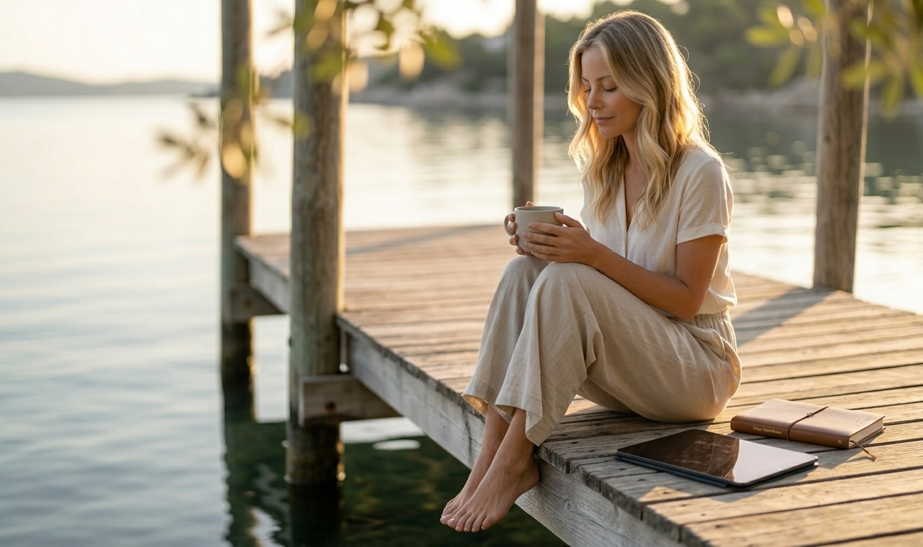 A woman sitting barefoot on the edge of a sun-warmed dock over still water, her digital journal on her iPad placed beside her with her morning intentions written and closed — she holds a warm mug in both hands and gazes out at the water, completely unhurried, completely present, completely here