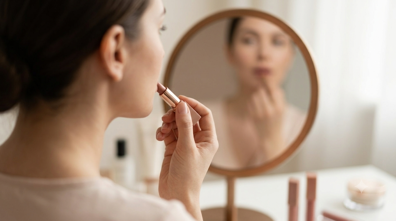 A woman applying lipstick in a softly lit mirror — a moment of intentional self-care and morning ritual