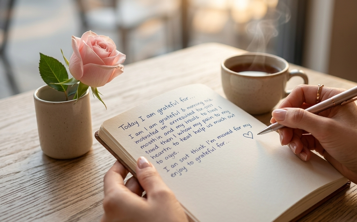 A woman's hands holding an open journal with handwritten lines on a cream linen surface, a small ceramic cup of tea steaming softly beside her and a sprig of dried lavender resting on the page — the image radiating the sacred stillness of a morning gratitude practice and the quiet power of a woman choosing her frequency deliberately