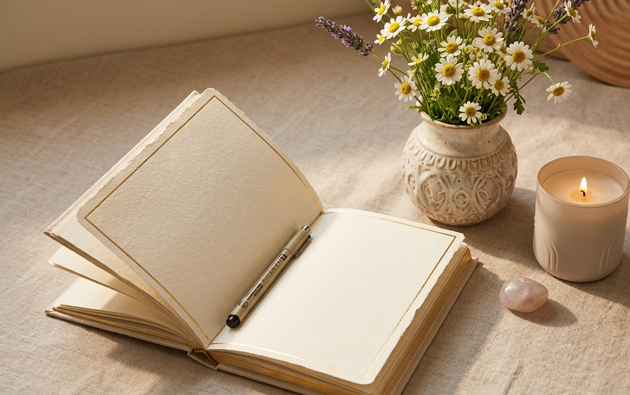 A beautifully curated bedroom corner with fresh white flowers in a ceramic vase, a softly glowing candle, and an open journal resting on a linen-covered surface — the entire scene saturated in warm afternoon light and the quiet luxury of a woman who has chosen to surround herself with beauty just for herself