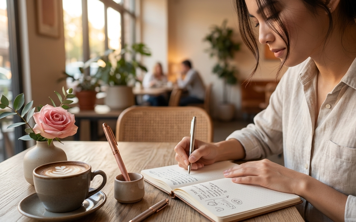 A woman sitting alone at an elegantly set café table, a single rose in a slim vase beside her, a cup of coffee and an open journal in front of her — her posture relaxed and self-possessed, a quiet smile on her face, entirely content in her own presence, dressed beautifully just for herself in the soft light of a weekend morning
