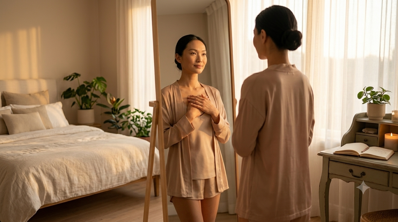 A woman standing barefoot in a sunlit room, her reflection caught softly in a full-length mirror as she holds both hands gently over her heart — her expression is one of quiet recognition and deep tenderness, the morning light falling across her like approval, the entire image radiating the extraordinary peace of a woman who has finally stopped looking outside herself for the love she was always capable of giving herself