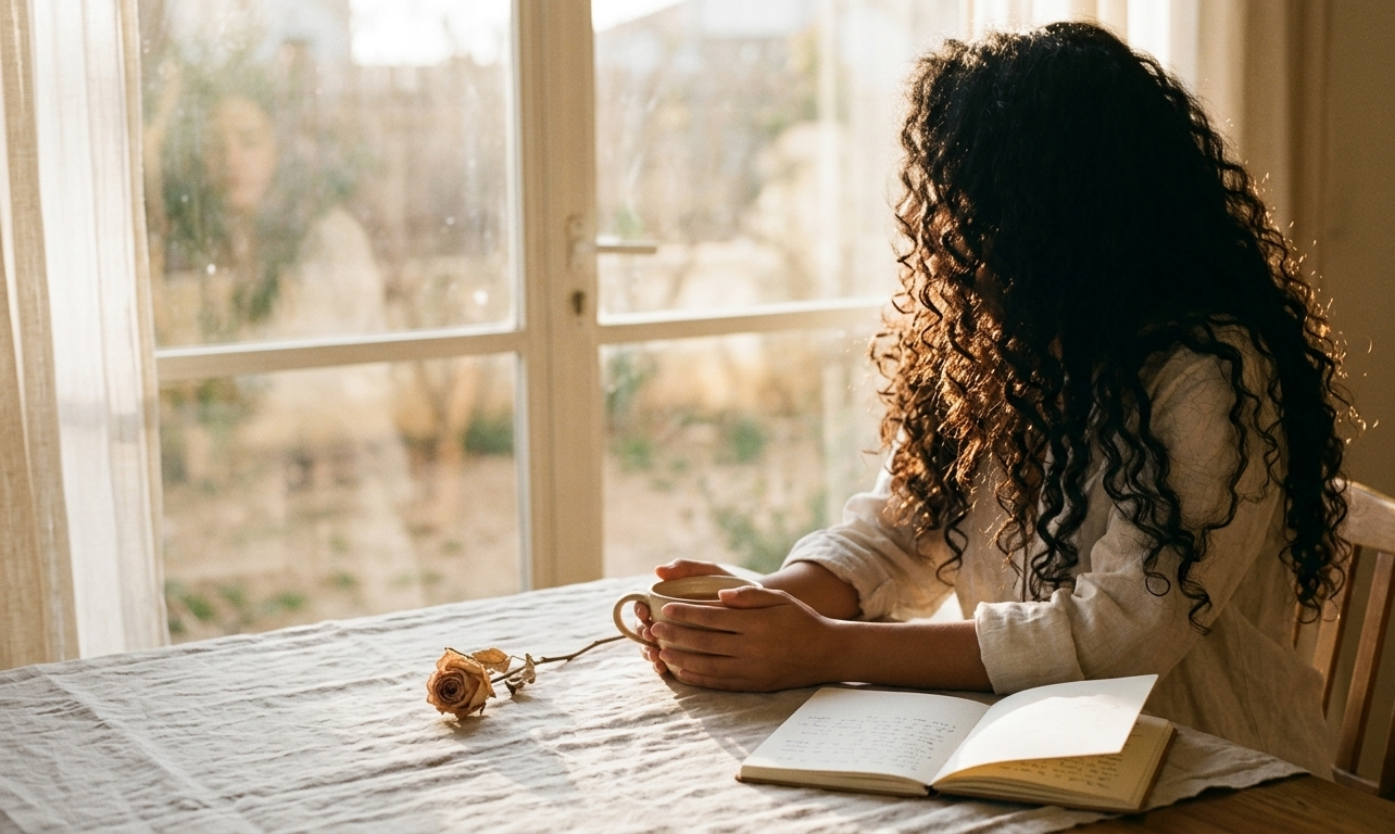 A woman sitting by a sun-filled window holding a warm cup of tea, a dried rose and open journal beside her — everything radiating quiet longing and quiet fullness at once