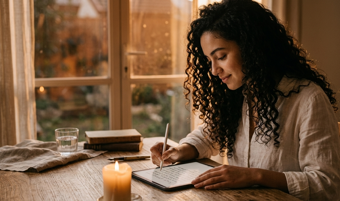 A woman writing in a digital love journal on her iPad, a candle burning softly beside her, the room bathed in amber evening light — her expression focused and tender, as if writing a letter to someone she deeply loves