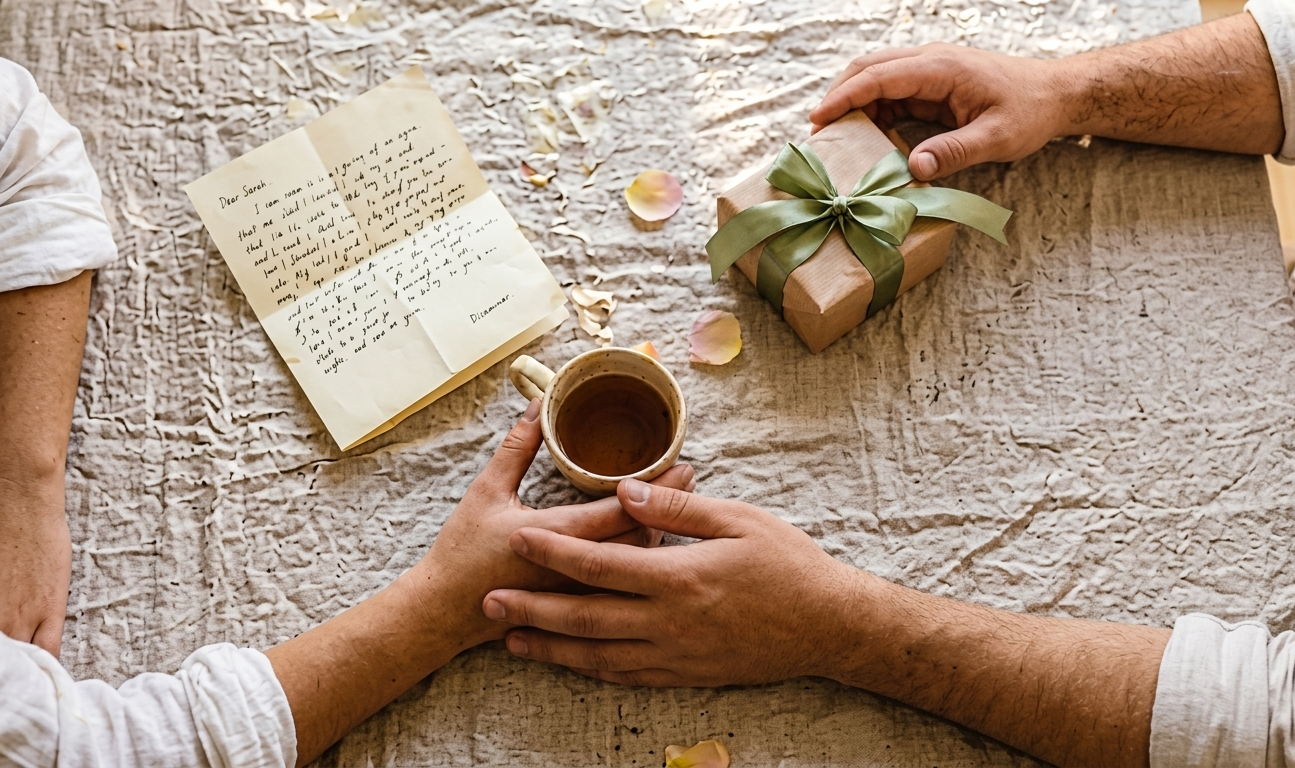 A flat-lay of five symbolic objects on a cream linen surface: a handwritten note, two teacups close together, a small wrapped gift with a ribbon, gentle hands resting, and a hand reaching to help — each representing one of the five love languages, photographed in soft morning light