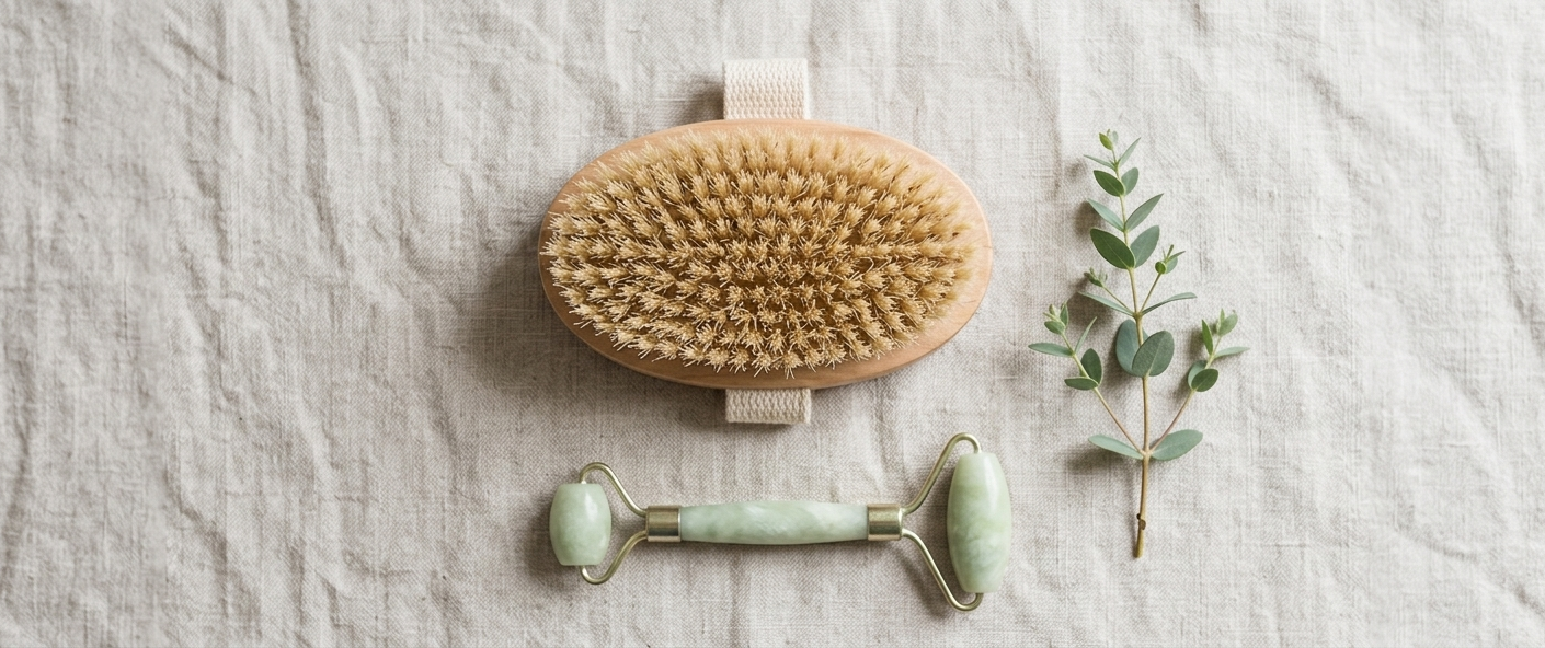 Dry brush and jade roller on a linen towel