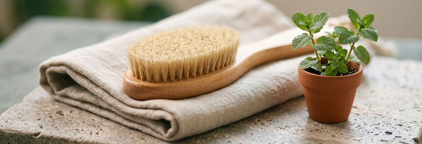 Natural dry brush beside a linen towel and small green plant on a wooden bathroom shelf