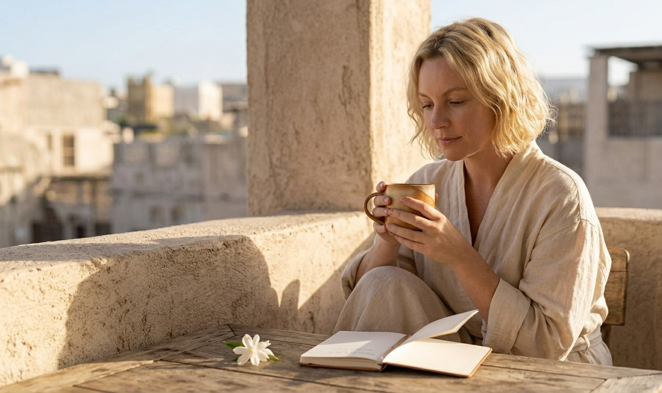 A woman in a cream linen robe sitting at a sun-flooded balcony table, both hands wrapped around a warm ceramic cup, eyes gently downcast — a small journal and a single white flower beside her. The whole scene radiates the sacred stillness of a woman who has chosen to fill her own cup before the day begins, and whose energy, because of it, will be magnetic all day long.