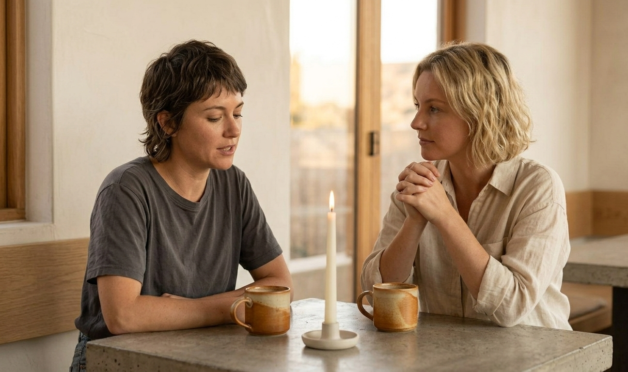 Two women sitting across from each other at a softly lit minimal café table — one leaning slightly forward, her expression open and unhurried, the other speaking with quiet animation. Between them is only warmth, a single candle, and the unmistakable quality of a conversation where someone is truly, fully being listened to.