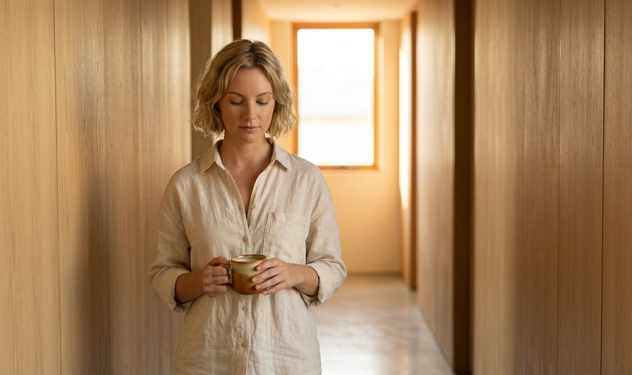 A woman walking unhurriedly along a quiet café corridor, a warm drink in one hand, her pace completely at ease — morning light pooling on the floor around her feet, every step deliberate and graceful, radiating the quiet luxury of someone who knows she does not need to rush to arrive.