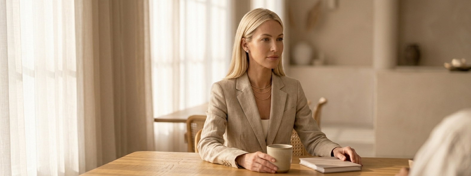 A woman seated across a café table, listening with complete presence — no phone in hand, no restless energy. Her expression is open and still, a small manifestation journal resting closed beside her cup. The scene captures the rare luxury of being truly heard.