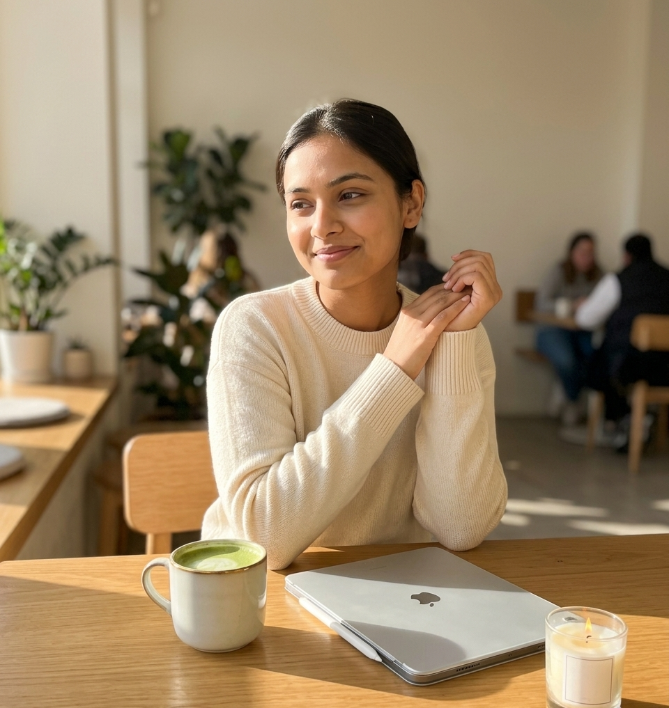 A woman sitting alone in a sun-drenched minimalist café, her gaze calm and inward — a matcha latte, a single pen, and a small candle on the table. Her iPad rests closed beside her, the entire scene radiating quiet presence and deliberate stillness