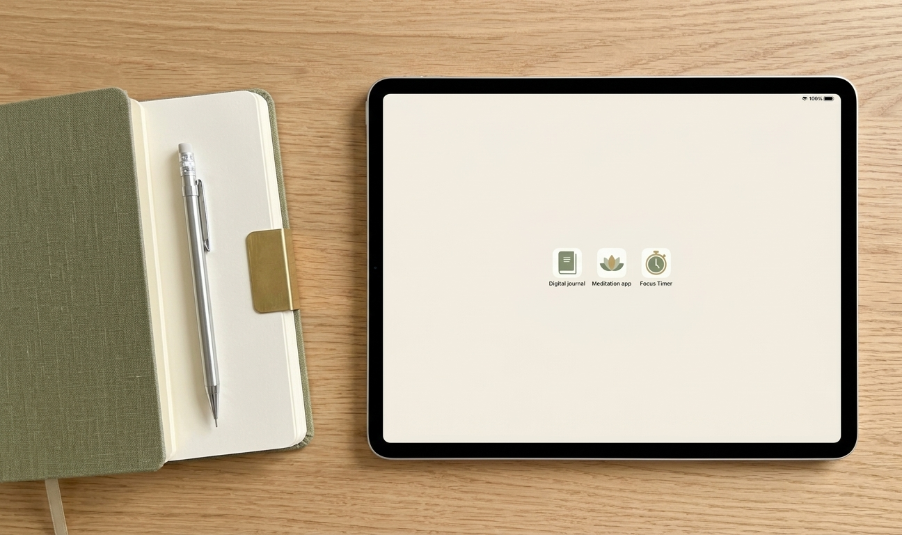 A close-up of a clean iPad home screen in a soft cream tone — minimal icons, zero notifications, no visual noise. Beside it, a single dedicated notebook and one pen