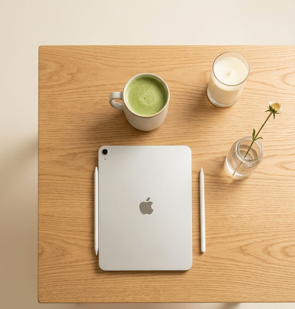 A flat-lay of a minimalist writing desk — iPad with Apple Pencil, a matcha cup on a white ceramic saucer, a single bloom in a glass vase, cream background. Every item chosen with intention, every detail radiating calm luxury