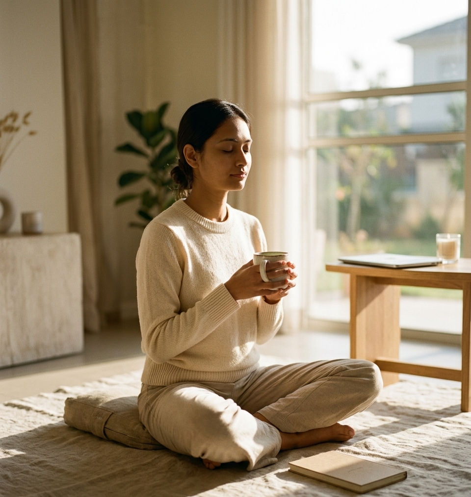 A woman sitting on a linen rug in early morning light, a cup of tea in both hands, eyes gently closed. No screens anywhere in the frame. Her iPad rests closed on the table in the background — a symbol of deliberate, chosen stillness
