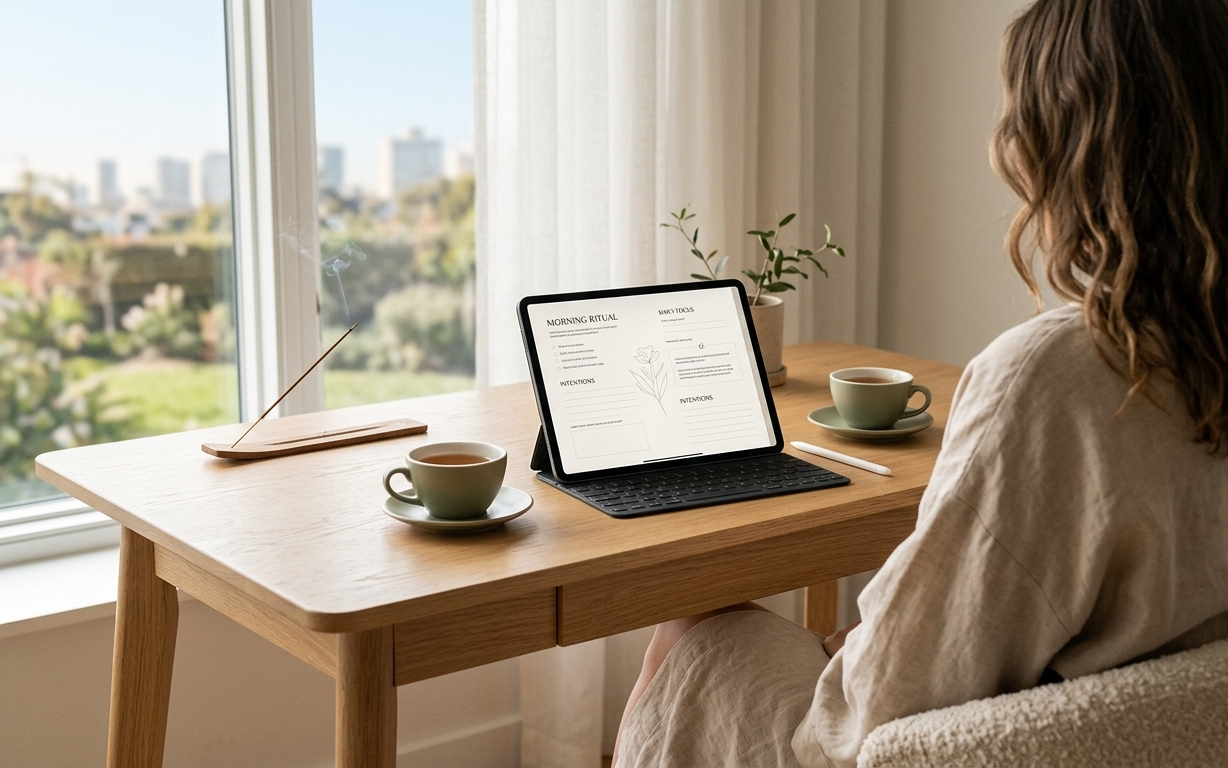 A woman moving with quiet grace through a softly lit morning space — an open digital planner resting beside a cup of tea on a minimal desk, radiating unhurried elegance