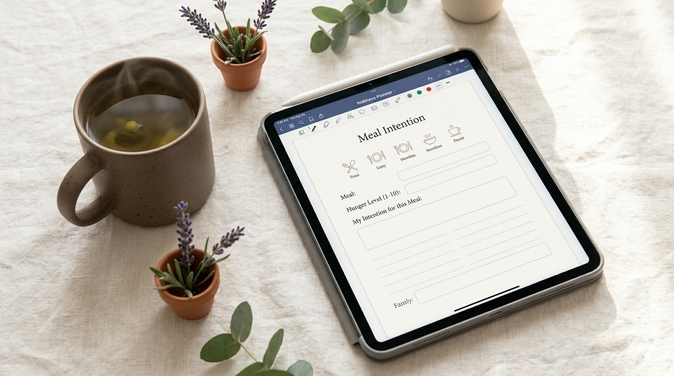 An open journal with a pen resting beside it and a warm cup of herbal tea on a cream linen surface — a quiet moment of intention before a meal
