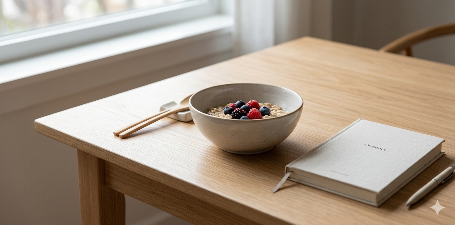 A beautifully set table with a single ceramic bowl of food, an open wellness journal nearby, soft morning light creating a calm and intentional dining atmosphere