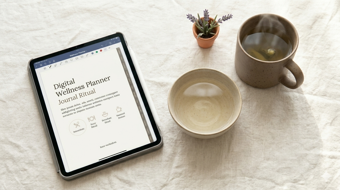 A digital wellness planner open on an iPad beside a simple breakfast setting — a warm cup, a small bowl — on a calm cream-toned desk