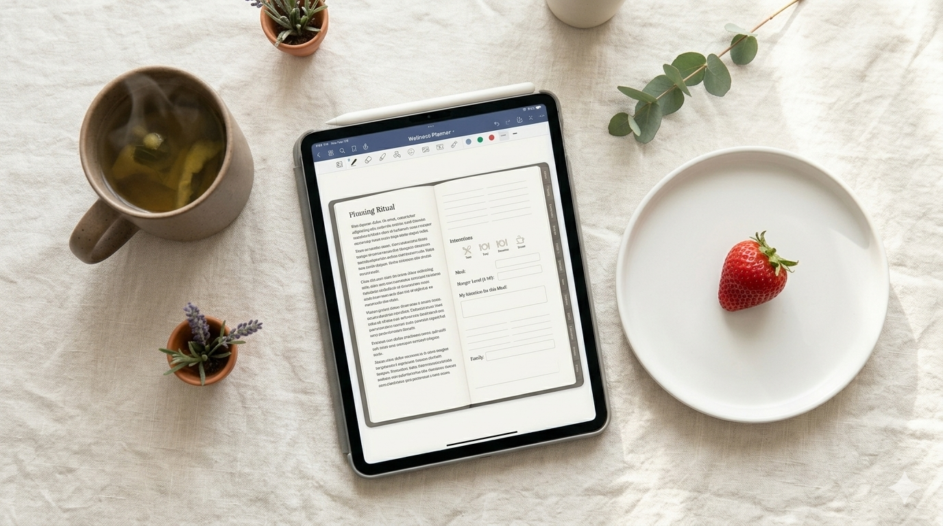 A single strawberry resting on a white ceramic plate beside an open digital planner on an iPad, soft natural light illuminating the scene with quiet elegance