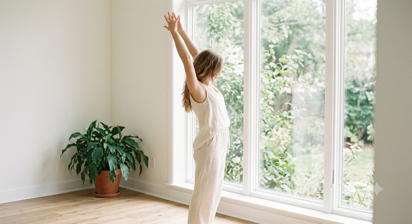 Woman in soft natural light stretching gracefully near a window with morning mist outside