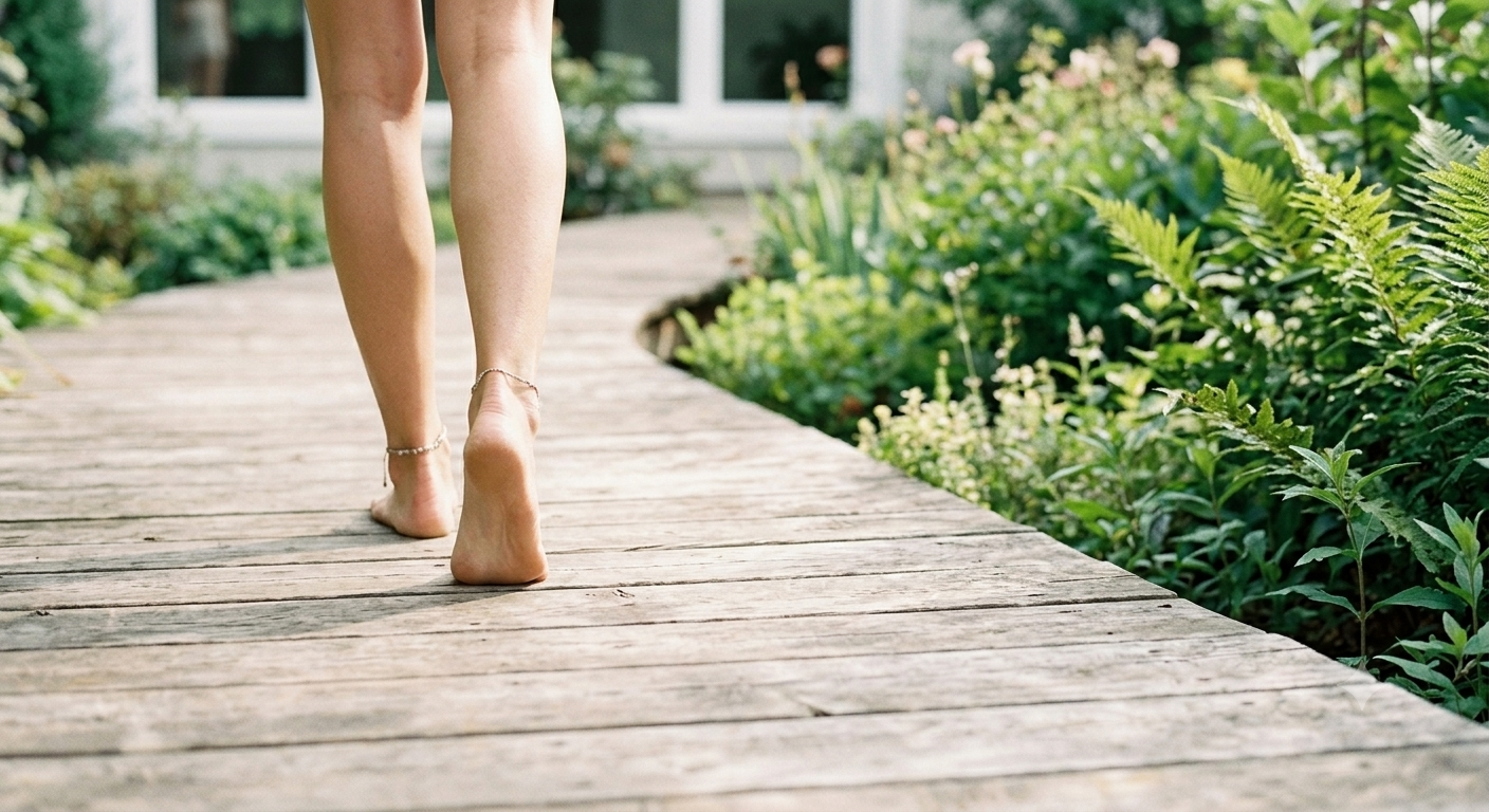 Bare feet walking slowly on a wooden deck surrounded by soft green nature