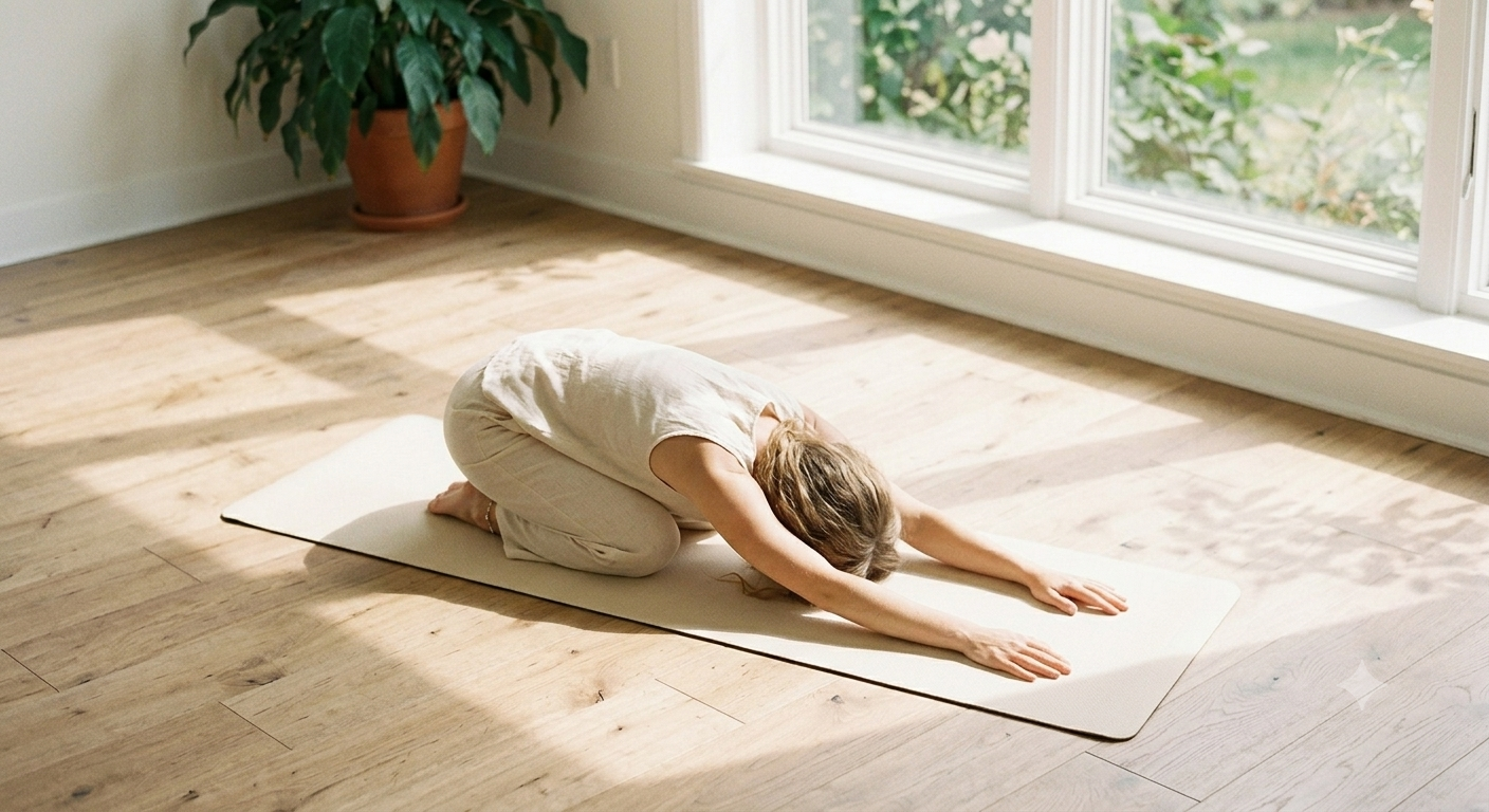 Peaceful morning yoga practice on a light wood floor with warm natural sunlight streaming in
