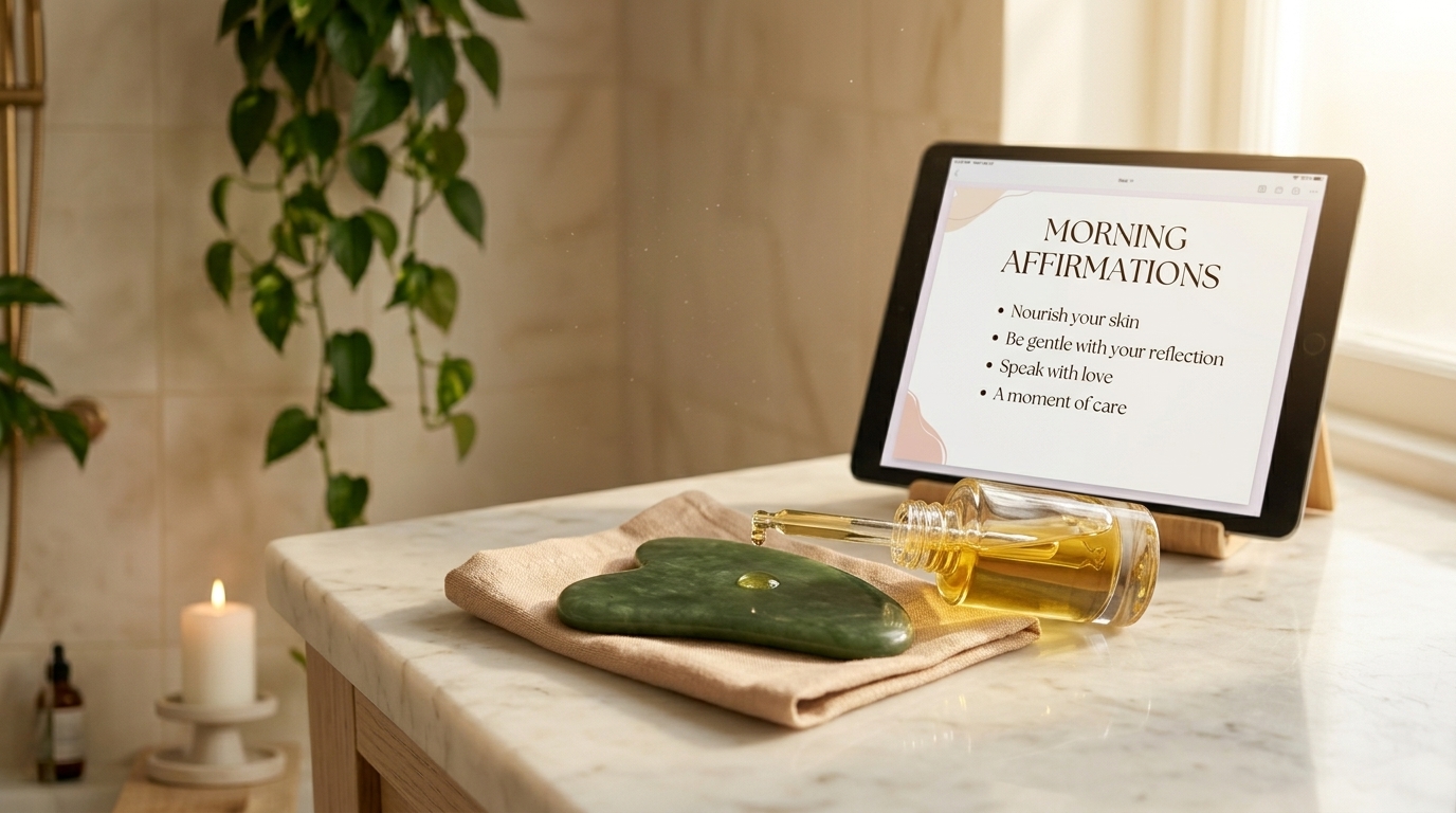 A flat lay on a cream marble surface — a jade Gua Sha stone, a golden serum dropper, and a small open digital beauty planner on an iPad, with the morning sun casting long warm shadows across them — evoking a slow, intentional beauty ritual where every product is chosen with love and every step carries meaning