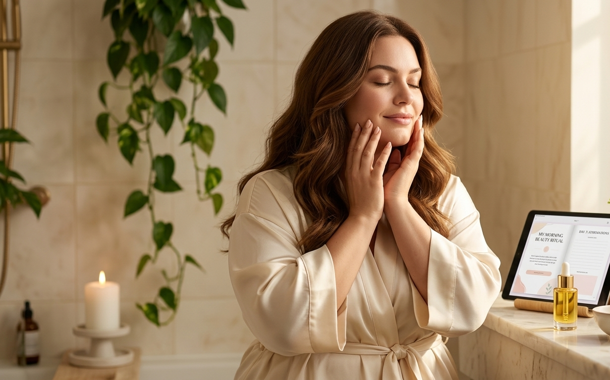 A woman in a cream silk robe standing barefoot at a softly lit bathroom vanity, her eyes gently closed and fingertips resting lightly against her glowing cheeks — a beautiful open digital beauty journal glowing on her iPad on the marble ledge beside a single white candle and a golden serum bottle, the morning light washing everything in warmth and the whole scene radiating the rare, sacred stillness of a woman who has decided that her reflection deserves tenderness, not judgment