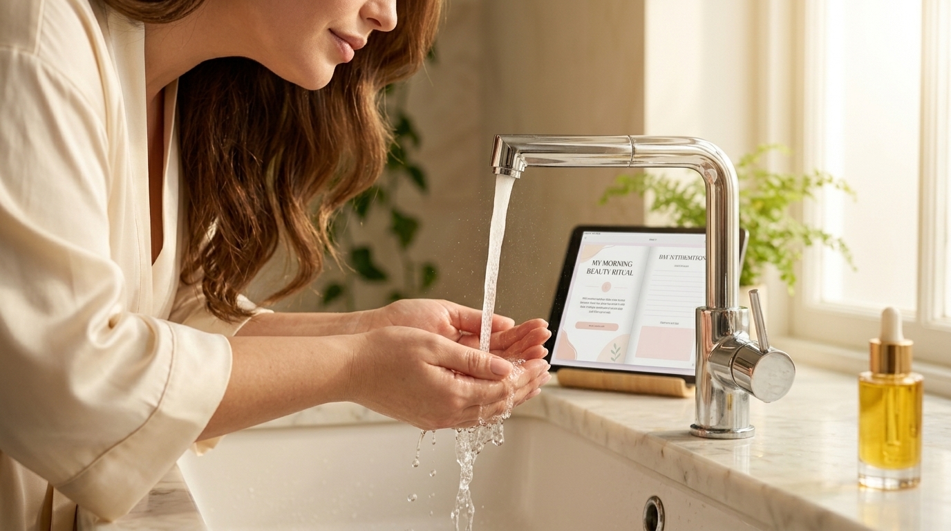 A woman's hands cupped under running water at a marble sink, her eyes closed in quiet focus, a small open digital wellness journal resting on the ledge nearby — the scene radiating complete sensory presence and the unhurried tenderness of someone who has chosen to make even this small moment sacred