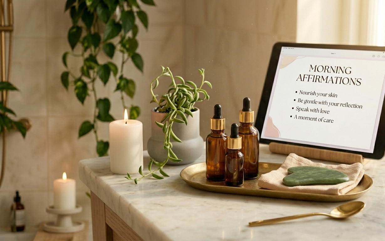 A serene, minimal bathroom vanity bathed in soft morning light — a single white candle lit beside a small trailing plant, a marble tray with three intentionally arranged skincare bottles, and an iPad resting open to a beautiful digital beauty ritual tracker nearby, the entire space radiating the peaceful, unhurried luxury of a woman who has made her bathroom a true sanctuary