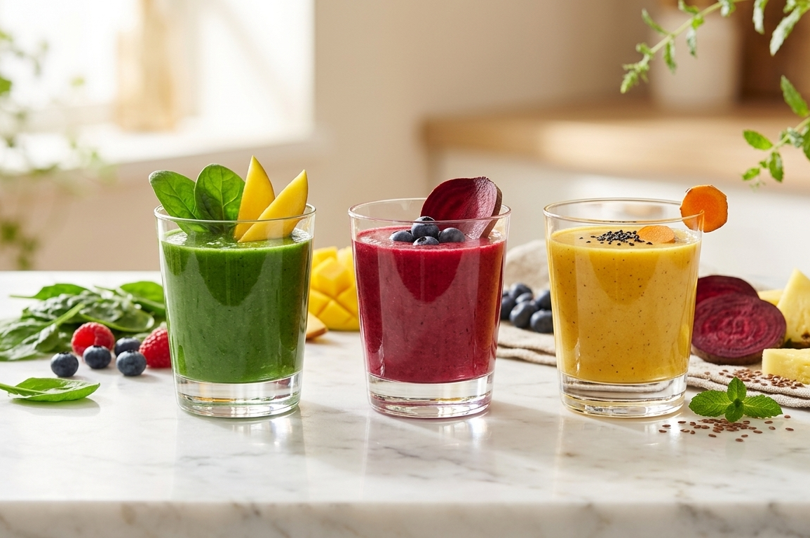 Three vibrant glowing smoothies in minimal glasses on a marble surface with fresh fruits and herbs