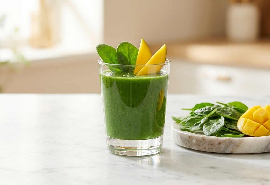 A creamy green smoothie in a clear glass with spinach leaves and mango on a marble surface
