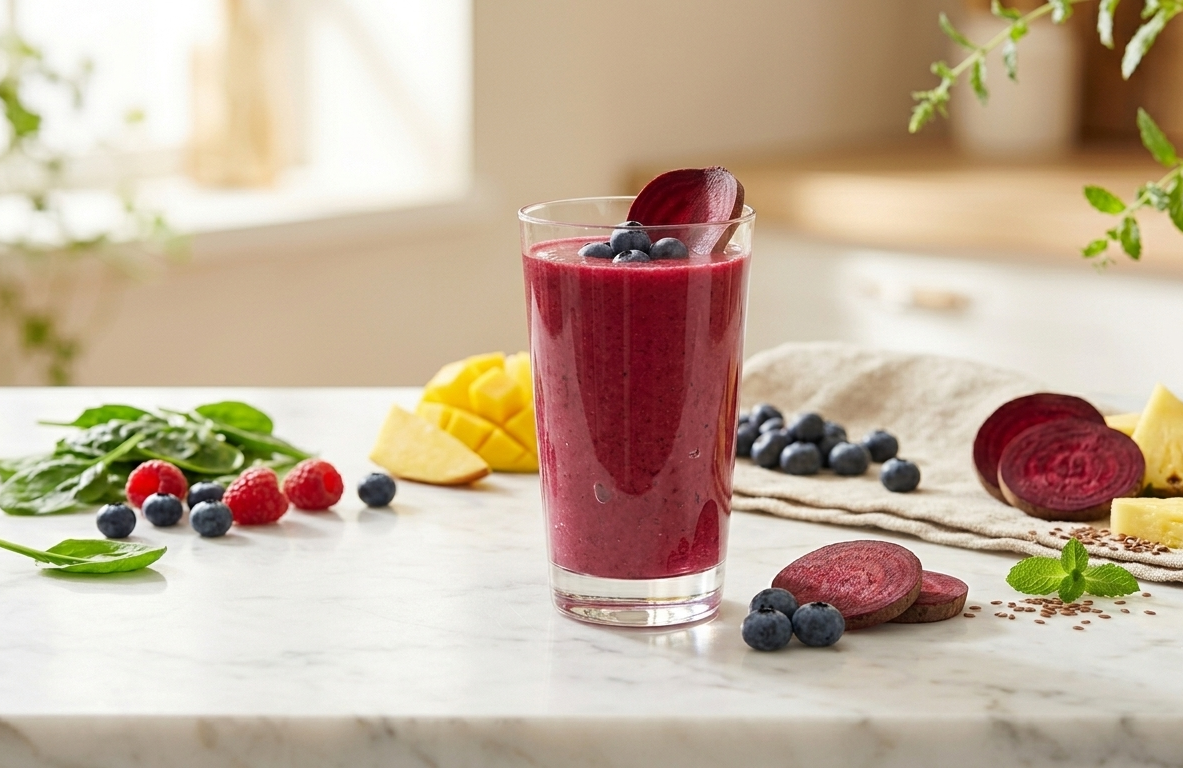 A rich magenta-pink smoothie in a tall glass with fresh berries and a beet slice beside it