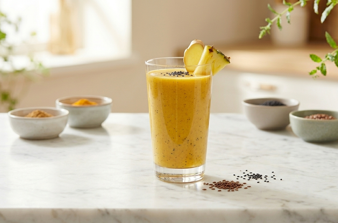 A warm golden turmeric smoothie in a ceramic cup with pineapple chunks and flaxseeds on a natural linen background