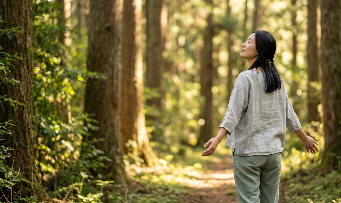 A woman walking barefoot along a quiet sun-dappled forest path, golden light filtering through tall trees, her arms open slightly, face lifted — radiating a deep, effortless release and the quiet joy of someone who has just remembered how to breathe