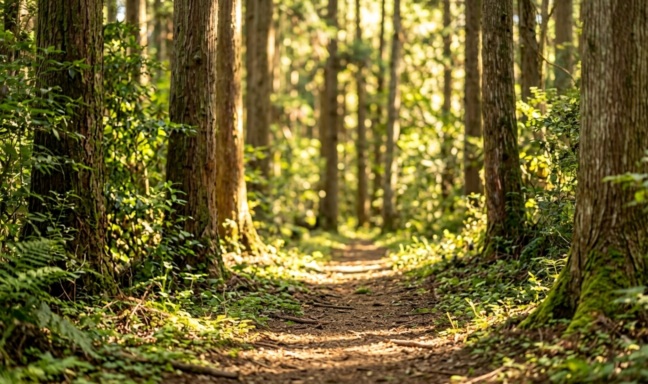A quiet winding forest path bathed in soft dappled morning light — tall trees on either side, a blanket of green moss, the entire scene deeply still and inviting