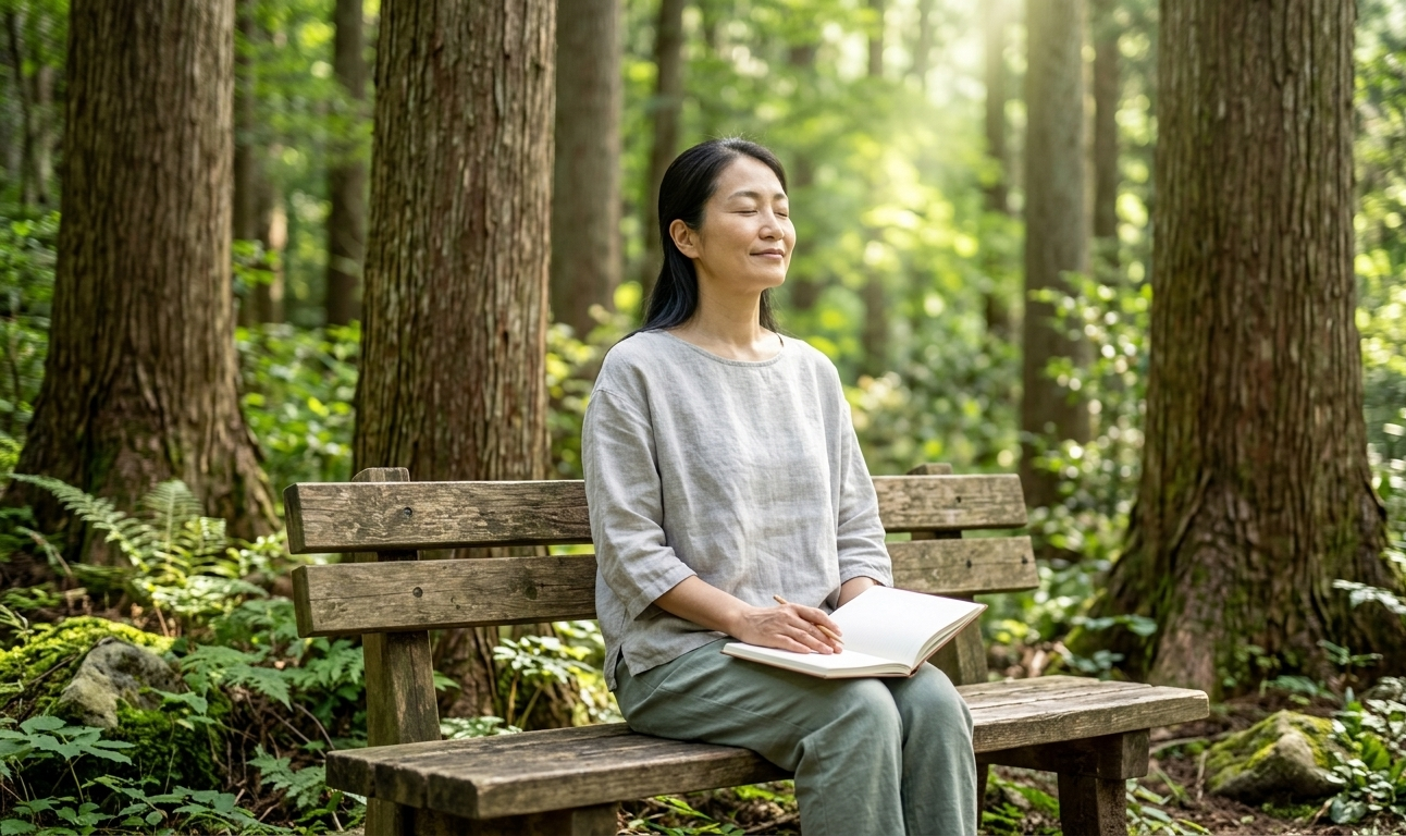 A woman sitting on a wooden bench in a lush green park, eyes softly closed, hands resting gently in her lap, a quiet half-smile on her face — the picture of someone who has fully arrived in the present moment