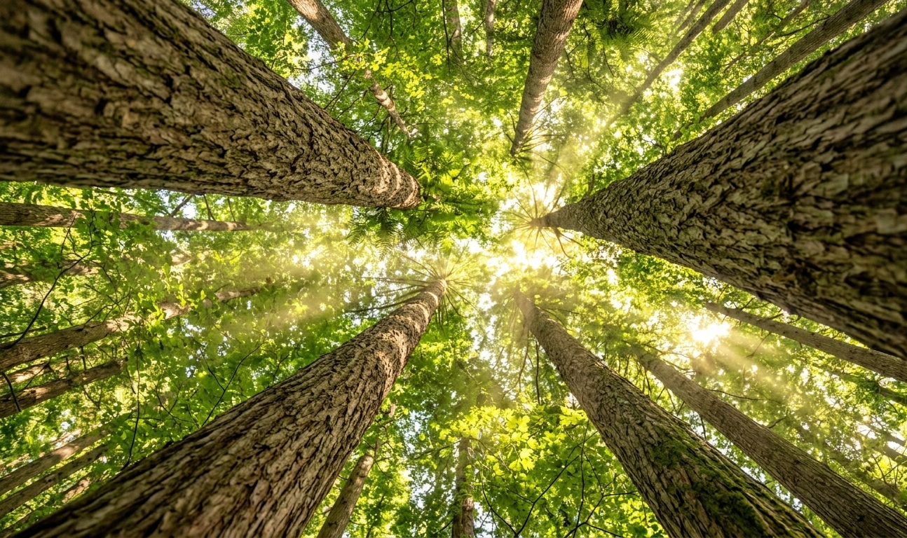 Looking up through a lush green tree canopy into soft golden sunlight — rays of light streaming through the leaves, everything glowing and breathtakingly alive