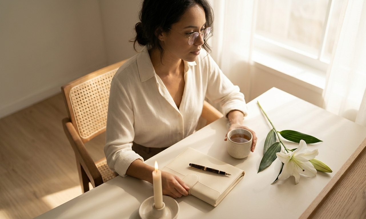 A woman sitting alone at a sun-lit writing desk, a beautiful open journal beside a single stem of white flowers, her hand resting gently on the page — the quiet, decisive energy of a woman who knows exactly what she deserves
