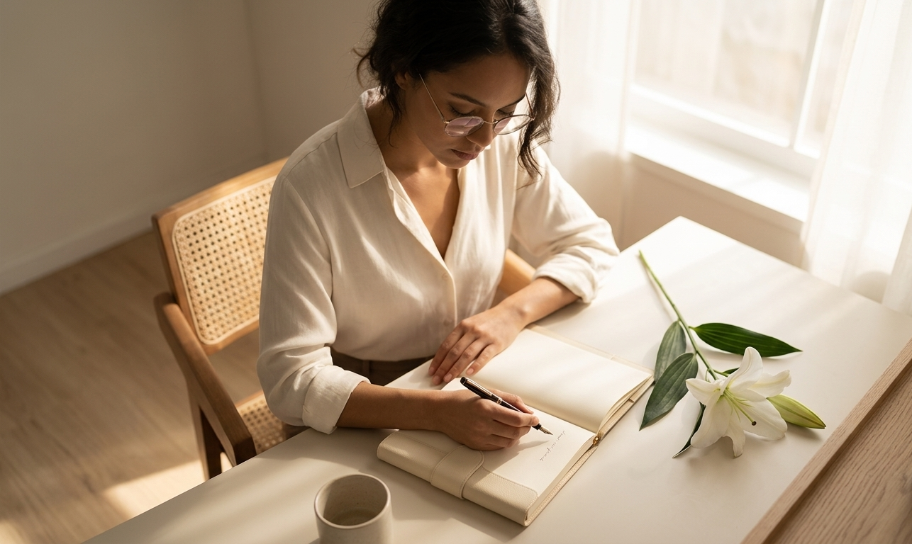 A woman writing in an elegant open journal at a peaceful morning desk, a warm cup of tea and a small candle beside her — the intentional act of defining what truly matters