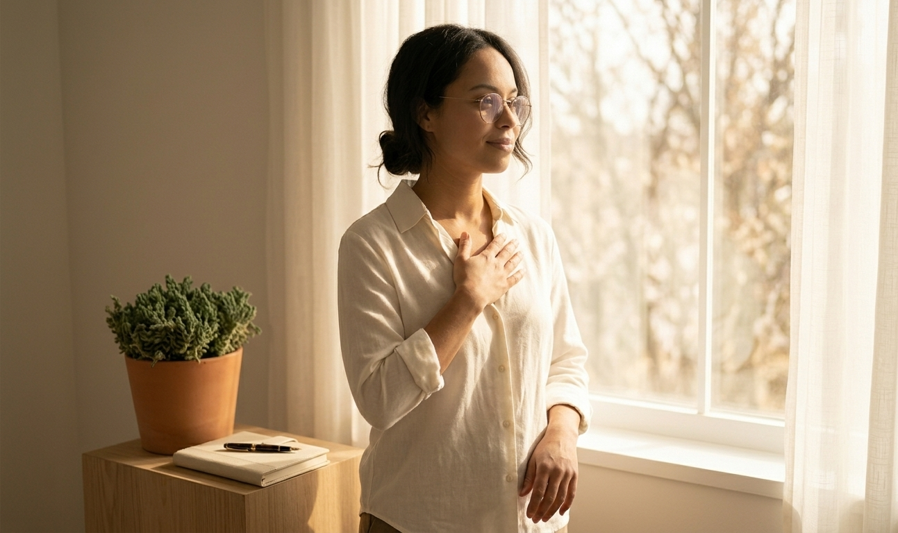 A woman standing in soft golden light near a window, her posture upright and calm, one hand resting over her heart — the quiet embodiment of a woman who knows her worth