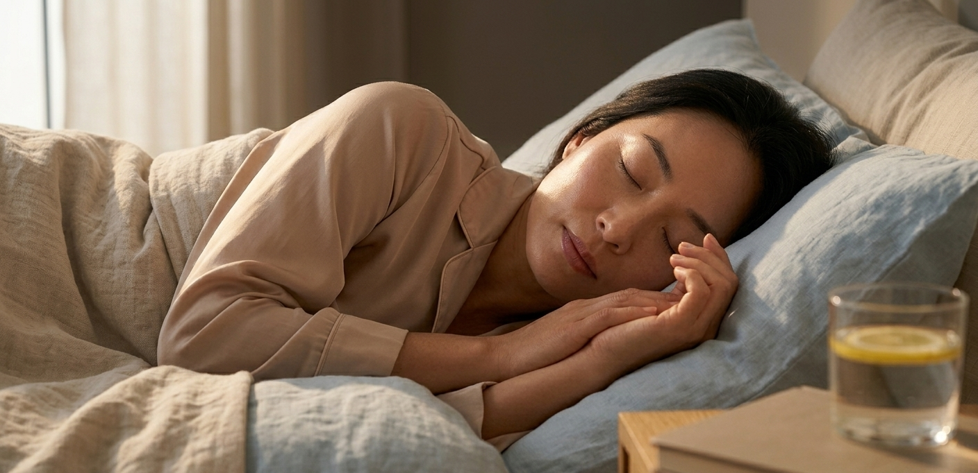 A woman sleeping peacefully in soft white linen, one hand gently resting near her bare luminous face, morning light just beginning to filter through sheer curtains — the entire scene radiating deep, restorative rest and the quiet beauty that only comes from truly letting go