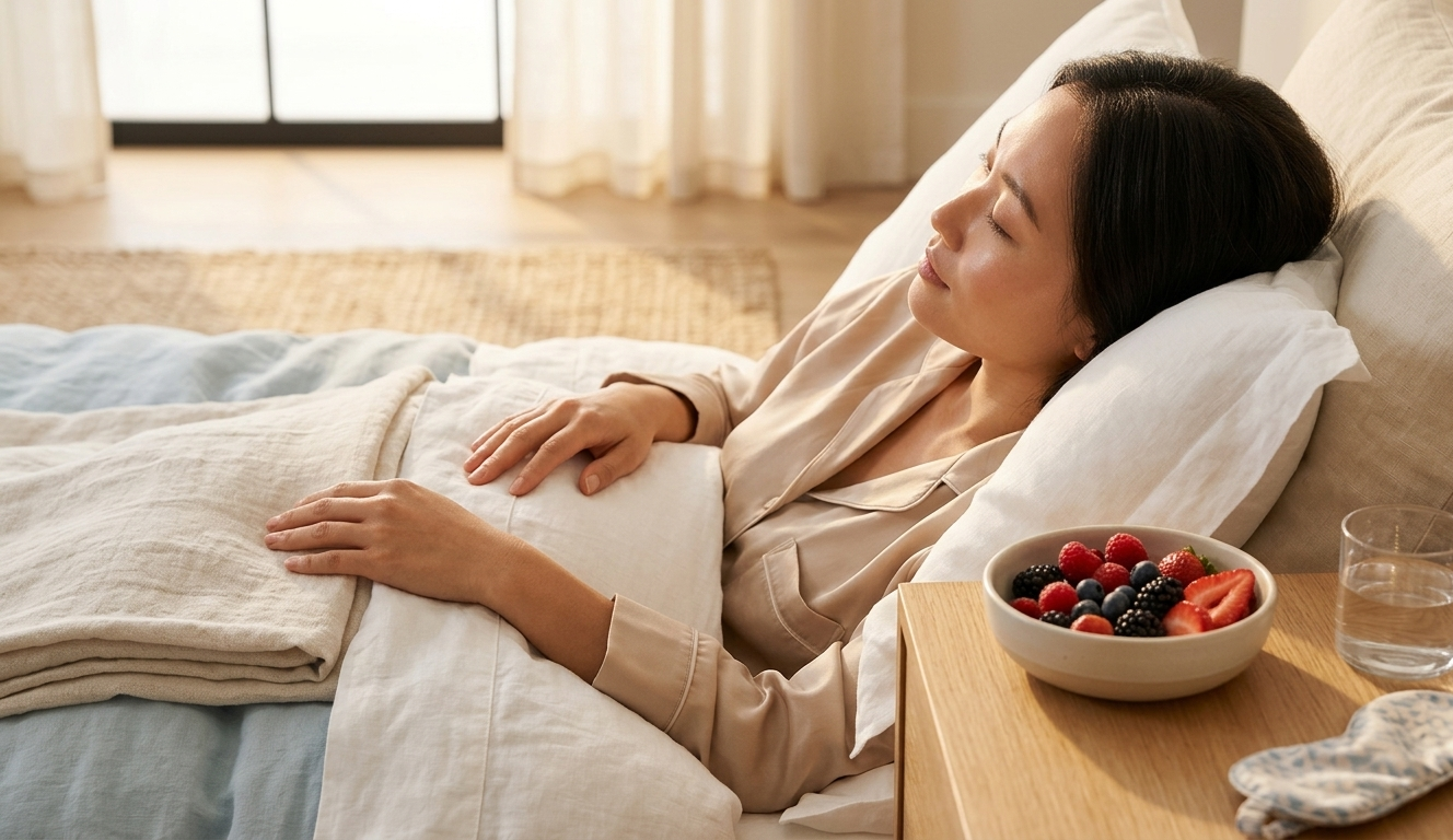 A woman waking softly in warm morning light, her skin luminous and bare, a glass of water and a small ceramic bowl of fresh berries resting on the bedside table beside her — the scene radiating deep rest, quiet nourishment, and the effortless glow that comes only from within