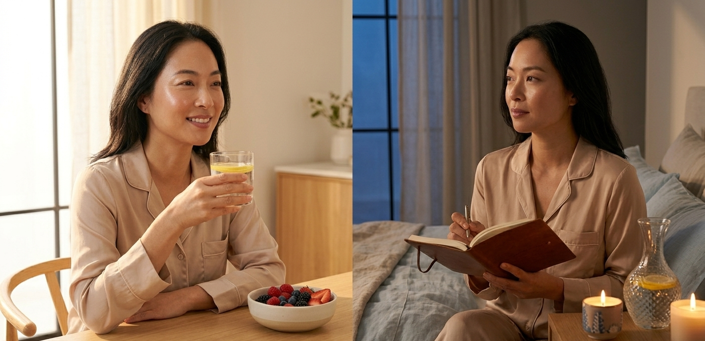 A softly lit split-scene: on the left, a woman in morning light holding a glass of water with lemon beside a bowl of colourful fruit; on the right, the same woman in warm evening candlelight writing in a journal with a cup of chamomile tea — the two halves of a day lived with quiet, nourishing intention