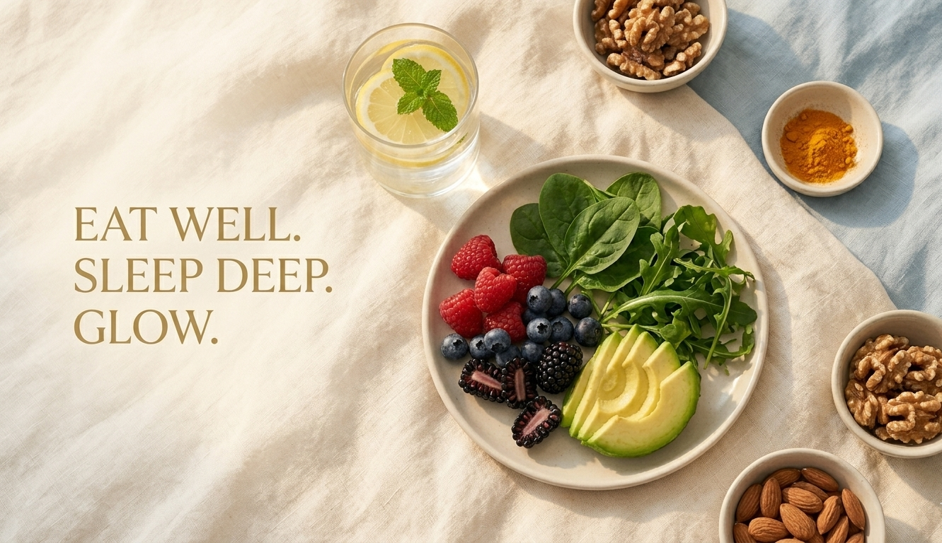 A beautiful flat lay of skin-nourishing foods on soft linen in warm morning light — deep red berries, sliced avocado, walnuts, fresh leafy greens, and a small glass of lemon water arranged with quiet intention, as if each ingredient were chosen with love
