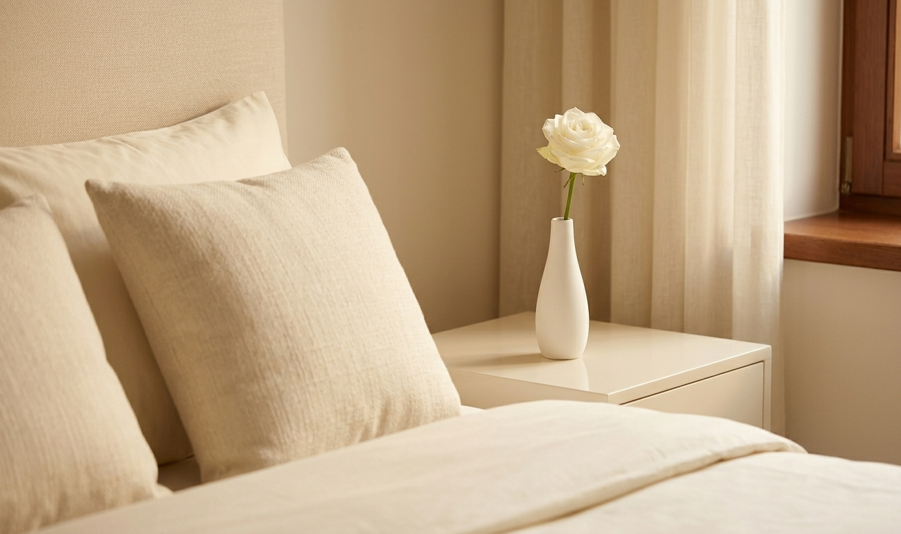 A minimal, serene bedroom with soft cream linen, a single white flower in a small vase on an empty nightstand, and morning light pooling gently across an uncluttered surface — the visual exhale of a space that has been lovingly cleared and made ready